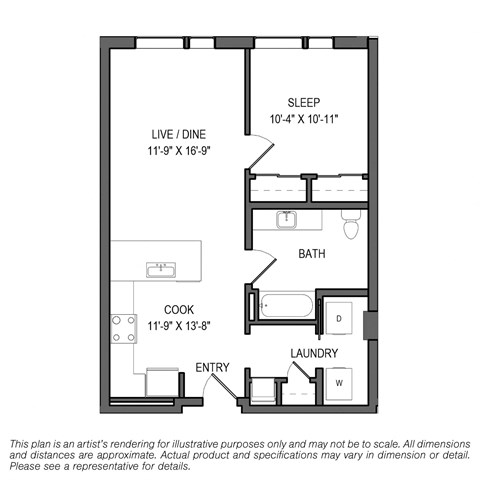 Floor plan for 1 bed, 1 bath, 742 sqft
